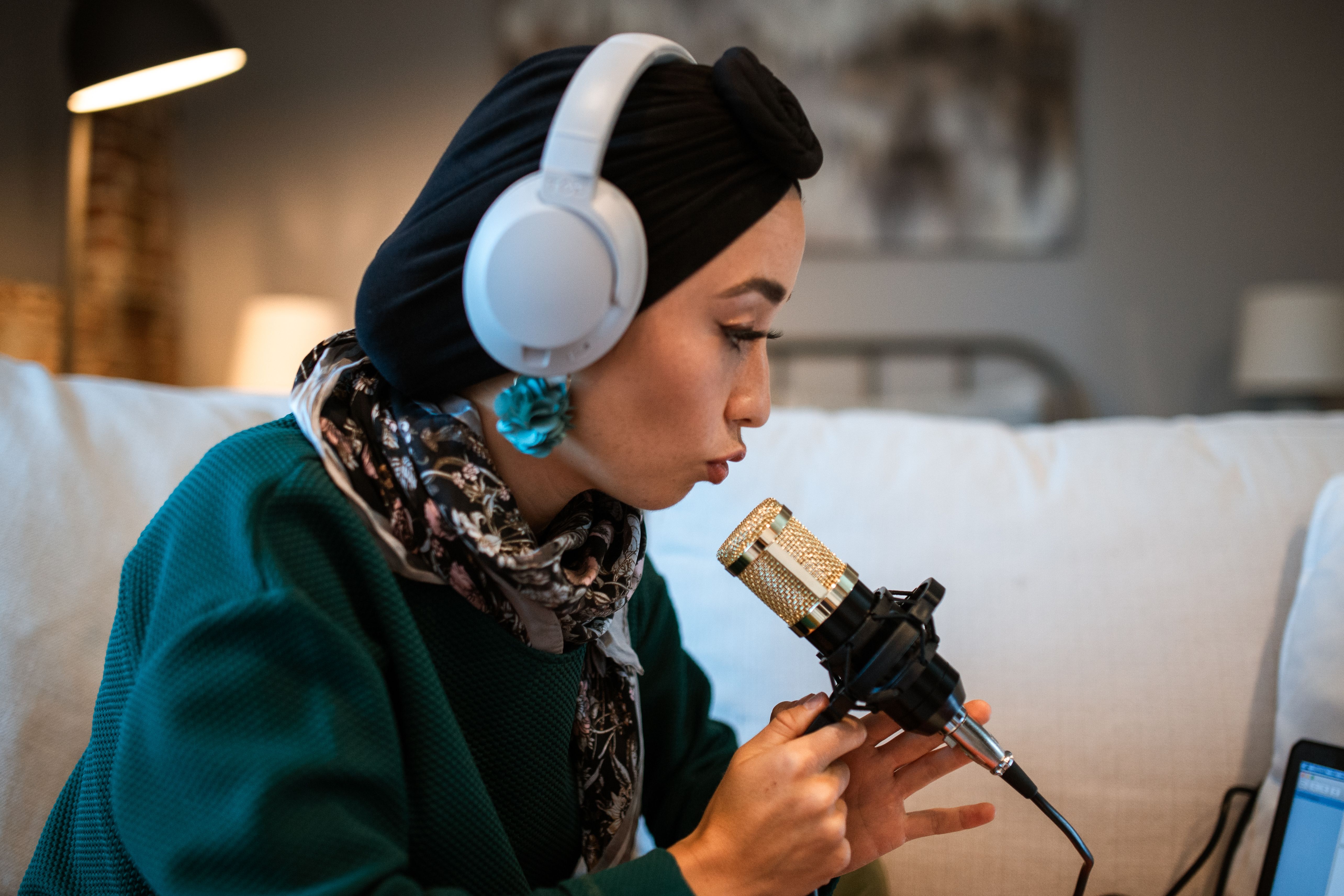 Podcast listener wearing headphones