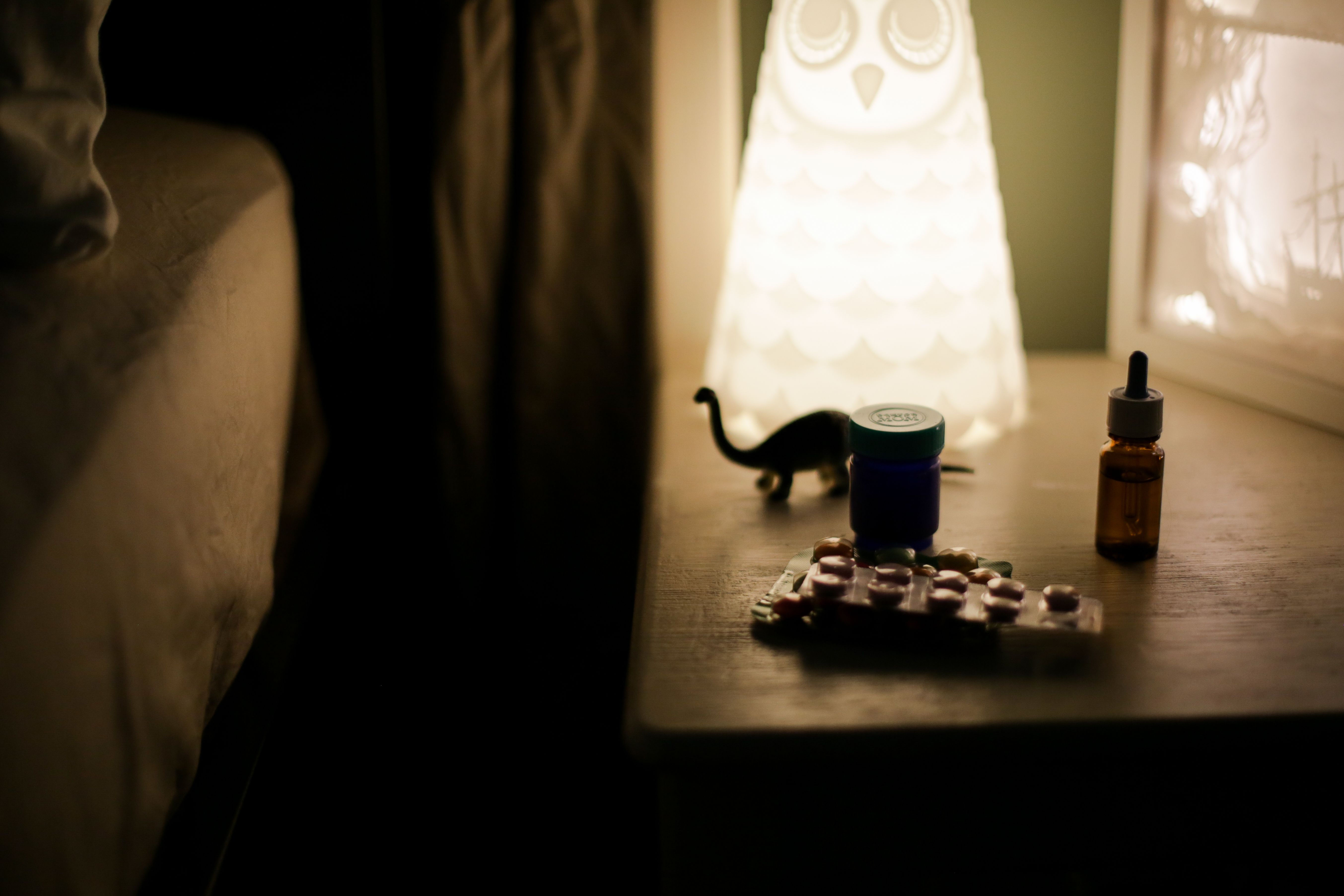 medication bottle bedside table